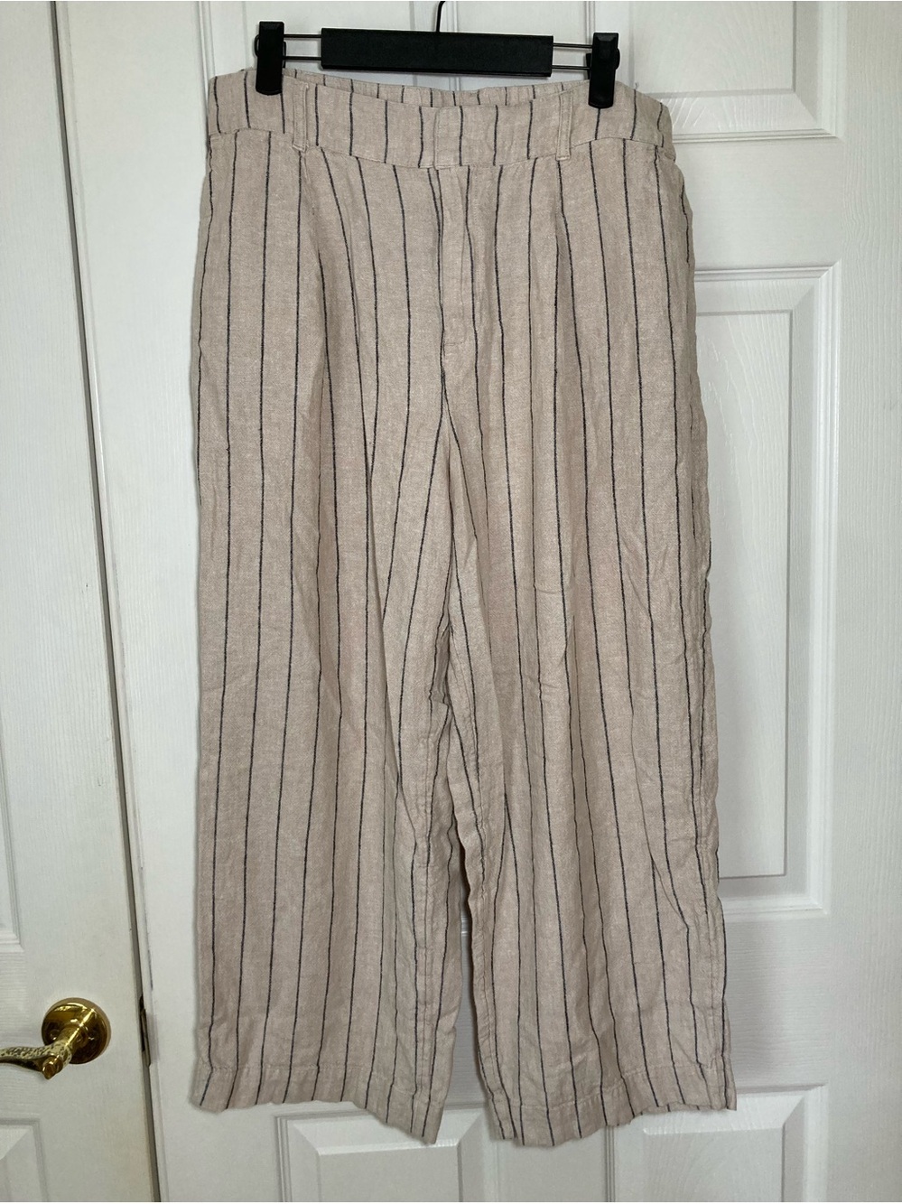 Striped Wide-Leg Linen Blend Pants - Beige with Black Stripes Sz 10short